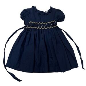 Edgehill Collection Girls 12M Navy Blue Smocked Ruffle Dress Yellow Embroidery